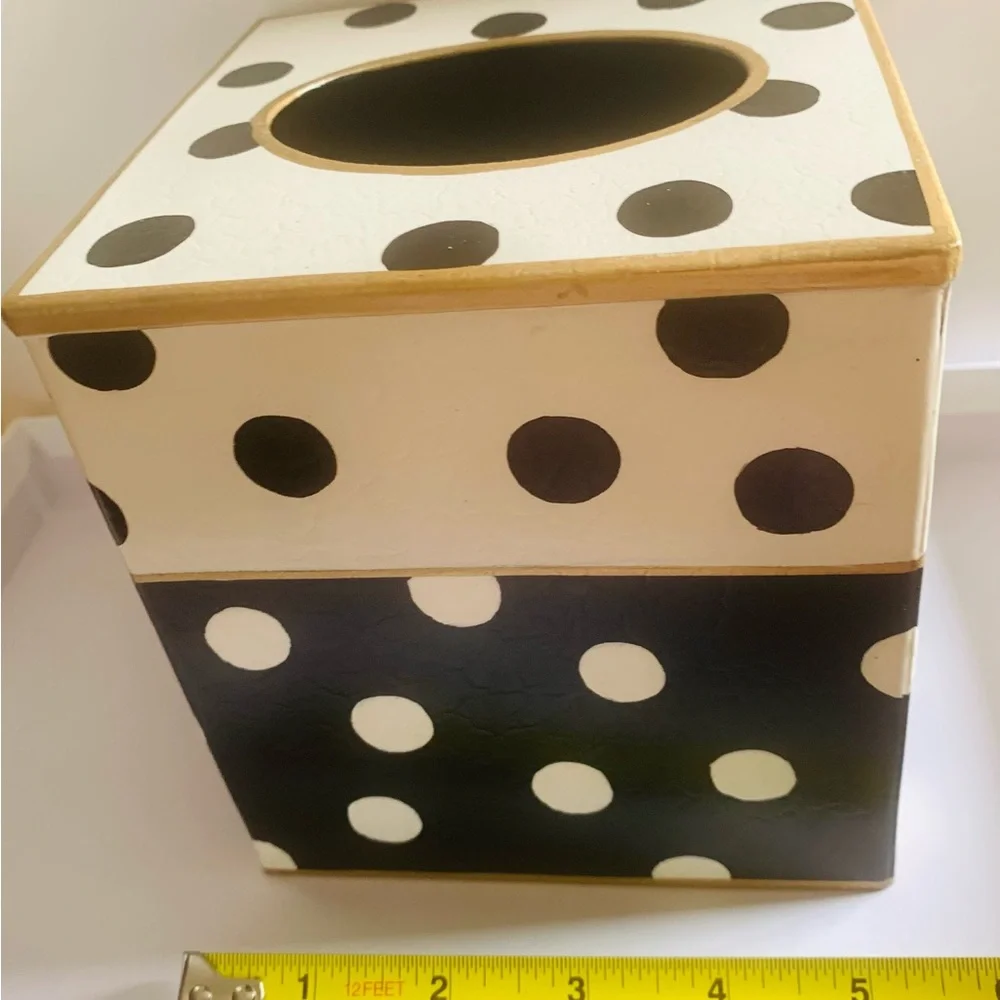 Mackenzie Childs Polka Dot Metal Tissue Box Cover Black & Cream Gold Trim